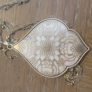 Intricate Gold Tone Morocan style Filigree Shell Pendant Necklace with chain